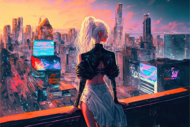 Cyberpunk girl Female cyberpunk character looking at the night city Young girl standing and looking at the cyberpunk city Digital art style illustration painting