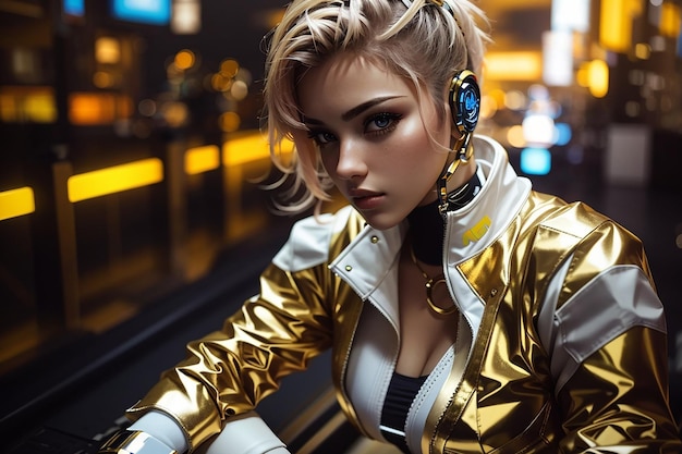 cyberpunk girl female woman white gold suit future tech