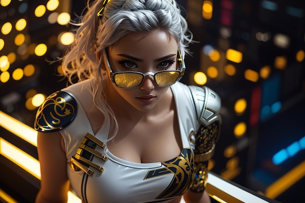 cyberpunk girl female woman white gold suit future tech