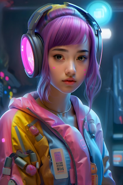 Cyberpunk girl future portrait asian teenager cybernetic illustration