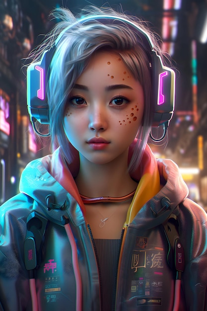 Cyberpunk girl future portrait asian teenager cybernetic illustration