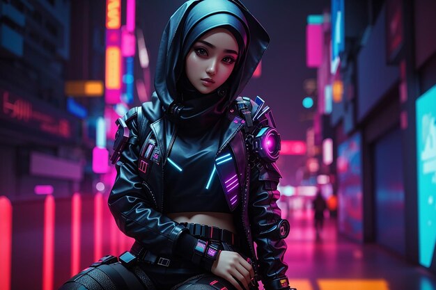 Cyberpunk girl hijab jacket neon background