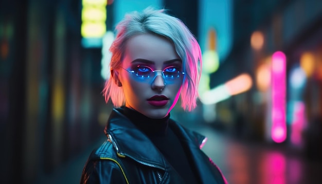 Cyberpunk girl living in a neon city Generative Ai