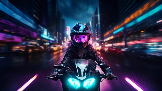 Photo cyberpunk girl on motorbike blurred neon city background