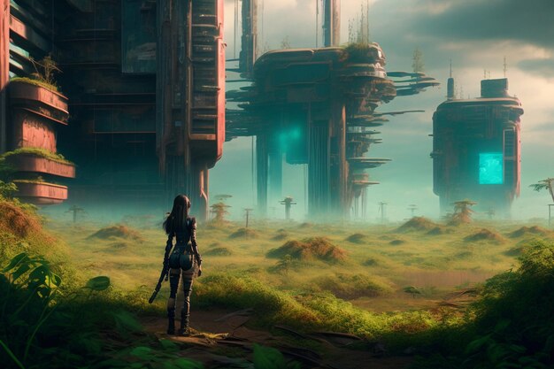 Photo cyberpunk girl on overgrown abandoned planet