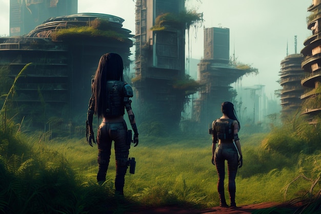 cyberpunk girl on overgrown abandoned planet