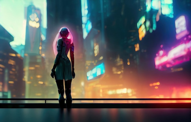 anime cyberpunk girl wearing futuristic outfit in a neon city at