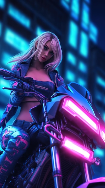 Cyberpunk girl sitting on futuristic bike with neon lights theme Futuristic city