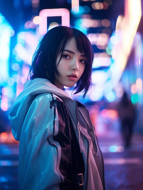 Cyberpunk girl standing in the middle of the street