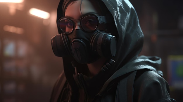 Cyberpunk girl wearing gas mask and hoodie digital art illustration Generative AI