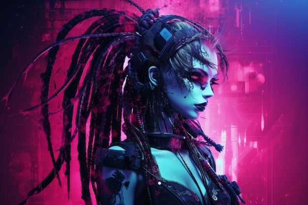 cyberpunk girl with dreadlocks on a neon background