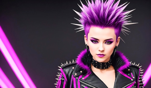 Photo cyberpunk girl with futuristic hairstyle and leather jacket generative ai