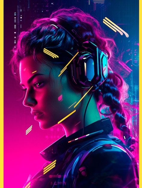 Cyberpunk girl with headphones in dark pink and yellow lights