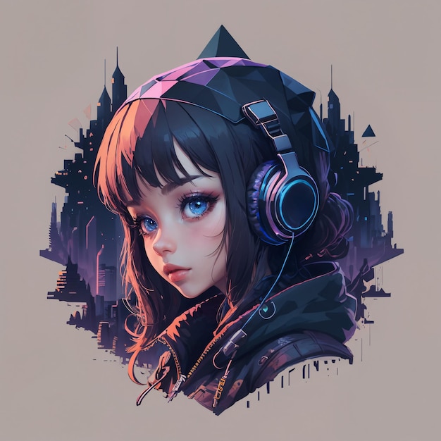 Cyberpunk girl with headphones illustration with future city on the background