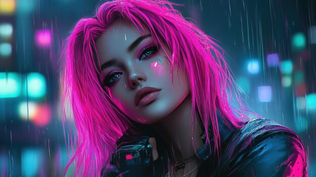Cyberpunk girl with pink hair in a neonlit rainsoaked Cyberpunk girl with pink hair in a neonlit rainsoaked