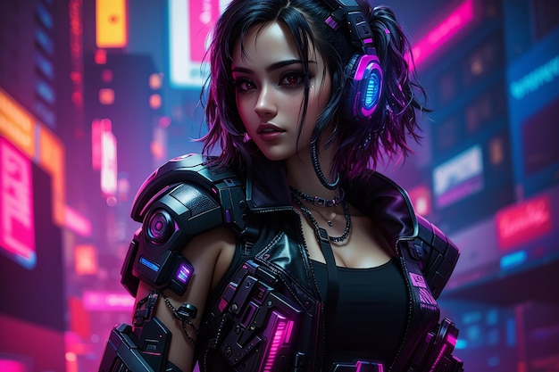 Photo cyberpunk girl woman neon background