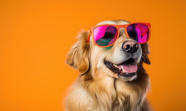 A cyberpunk golden retriever dog wearing neon sunglasses xa