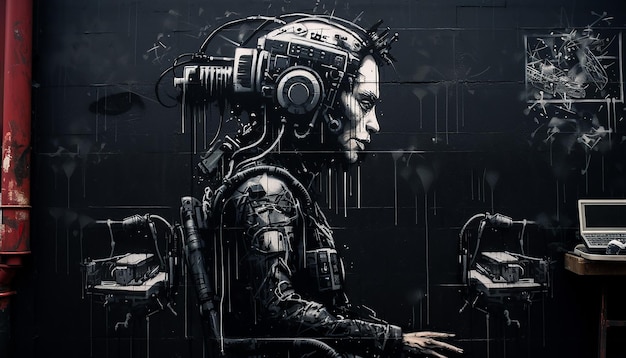 Cyberpunk grafitti art in the style of banksy