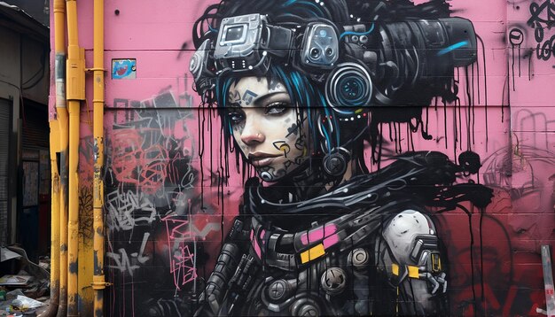 Cyberpunk grafitti art in the style of banksy