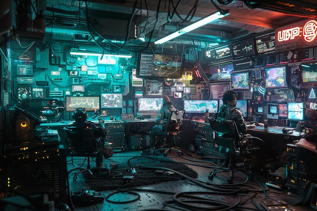 cyberpunk hacker den with a diverse group plotting