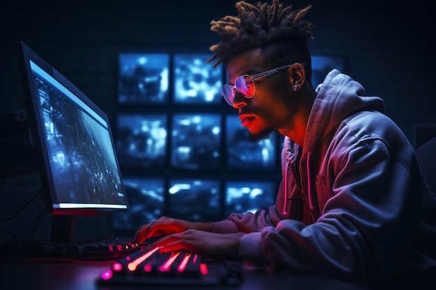 Cyberpunk hacker illuminated by the glow of their computer screens Generative AI