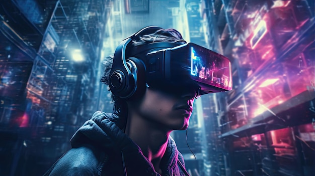 Cyberpunk hacker immersed in virtual reality