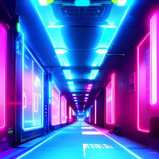 サイバー パンク廊下 3 D イラスト コンセプト未来的なネオン スタイル