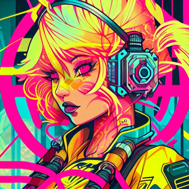 Comisc 및 Graffity 스타일 90 년대 일러스트레이션의 Cyberpunk 손으로 그린 만화 및 애니메이션 캐릭터