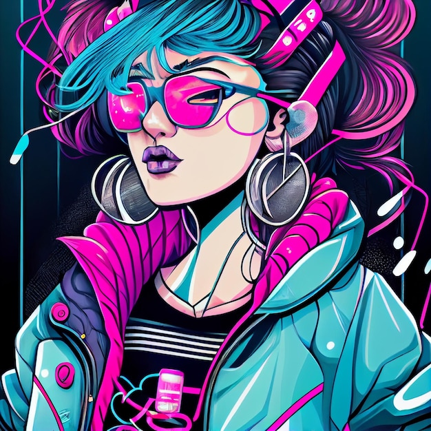 Cyberpunk hand drawn manga and anime character in comisc and\
graffity style 90s illustration