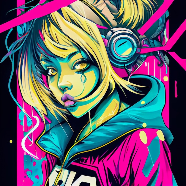 Cyberpunk hand drawn manga and anime character in comisc and\
graffity style 90s illustration