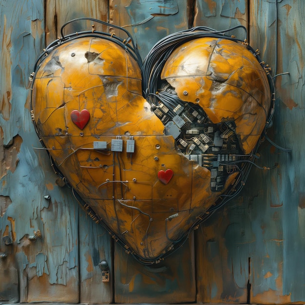 Cyberpunk hart met metalen details en kabels op rustieke achtergrond