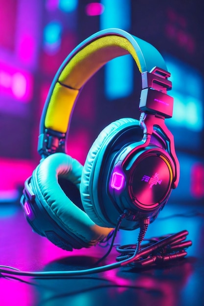 Cyberpunk headphone isolated on pastel neon background