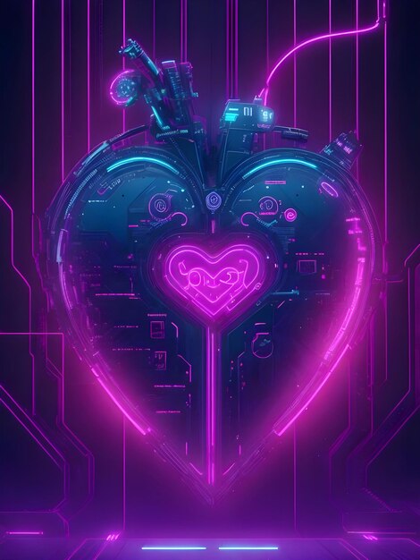 Cyberpunk hightech neon glowing heart cyber neural network digitally ai generated