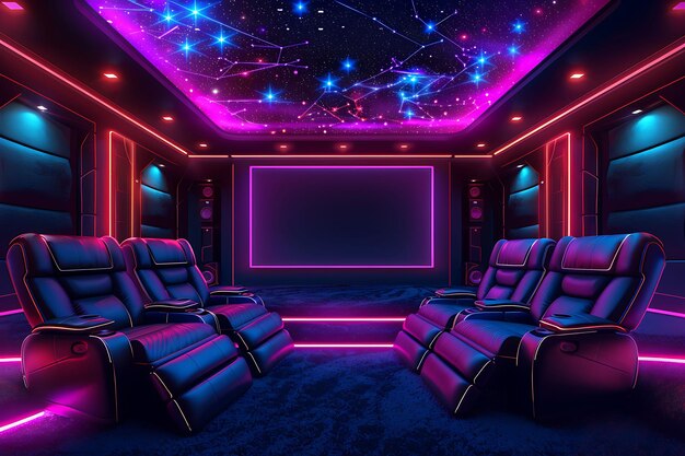 Photo cyberpunk home theater with a wrap around led screen fiber o interior room neon light vr concept