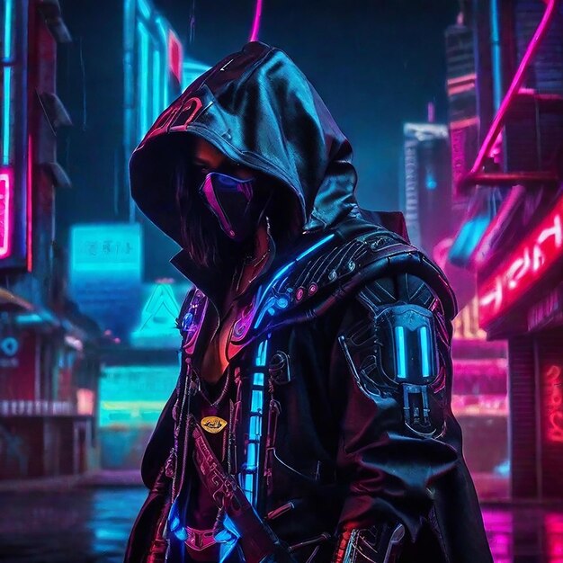 Cyberpunk hooded cloak neon city assasins creed