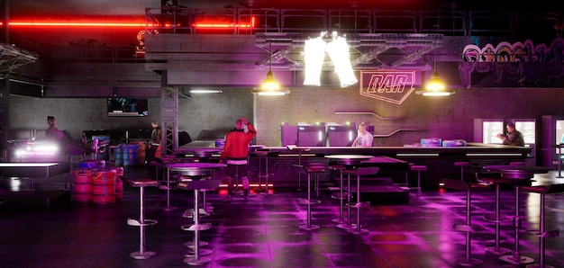 Cyberpunk human in nightclub 3d render