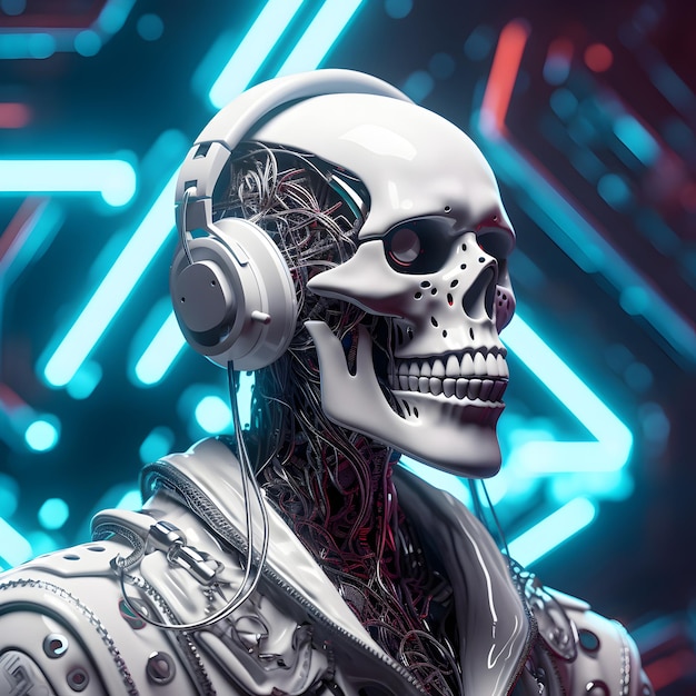 Cyberpunk human skull with headphones