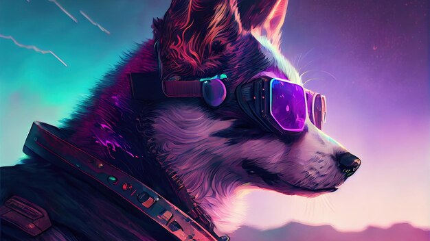 Cyberpunk Husky Dog Beautiful digital artwork portrait of A Cyberpunk Dog Husky Anime Animal wearing suspenders and a vaporwave goggles made from a shattered computer screen glitching with color