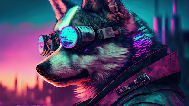 Cyberpunk Husky Dog サスペンダーを身に着けている Cyberpunk Dog Husky Anime Animal の美しいデジタル アートワークの肖像画と、粉々 になったコンピューター画面から作られた vaporwave ゴーグルが色でグリッチする