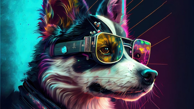 Cyberpunk Husky Dog サスペンダーを身に着けている Cyberpunk Dog Husky Anime Animal の美しいデジタル アートワークの肖像画と、粉々 になったコンピューター画面から作られた vaporwave ゴーグルが色でグリッチする