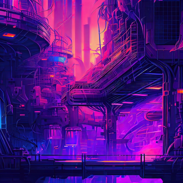 Photo cyberpunk industrial abstract future wallpaper futuristic concept pink evening urban landscape 3d illustration