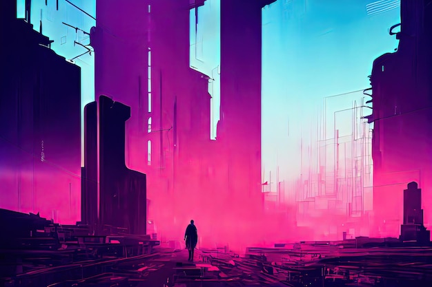 Cyberpunk industrial abstract future wallpaper futuristic concept pink evening urban landscape 3d illustration