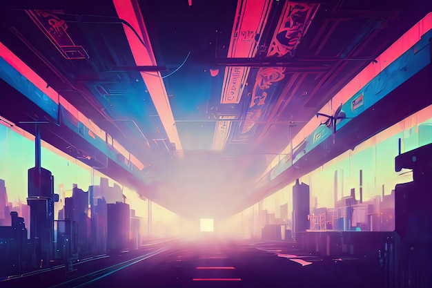 Cyberpunk Industrial Abstract Future Wallpaper Futuristic concept Pink Evening urban landscape 3D illustration