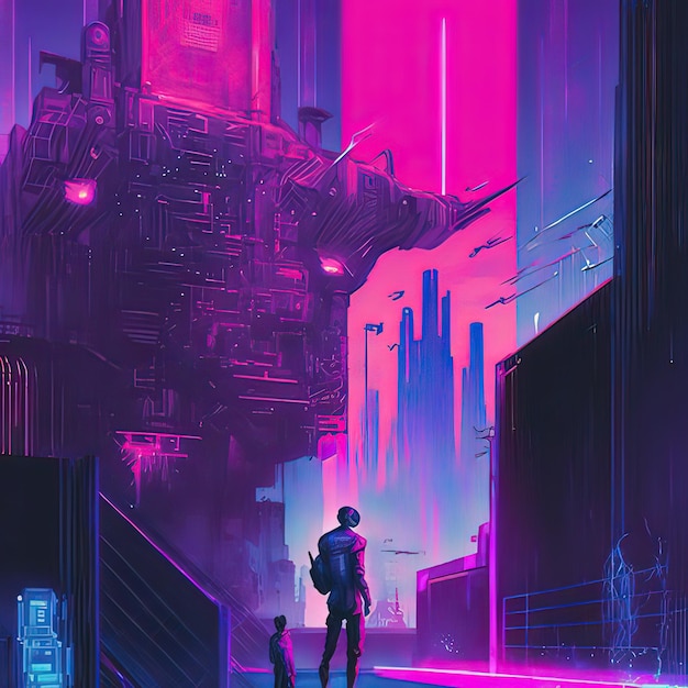 Cyberpunk Industrial Abstract Future Wallpaper Futuristic concept Pink Evening urban landscape 3D illustration