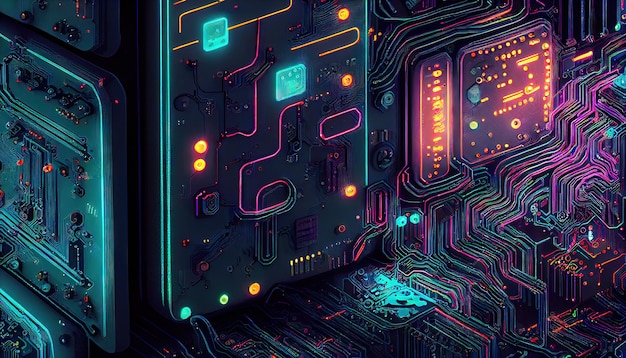 Cyberpunk ingewikkelde elektronische machine met neonlicht Printplaten en draden Generatieve AI