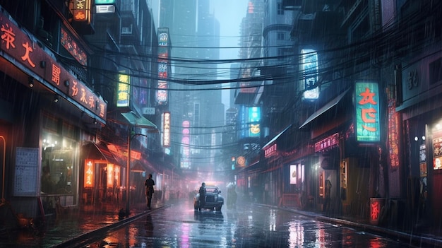 Cyberpunk Japanse straten Aziatische straat illustratie futuristische stad dystoptische kunstwerken 's nachts