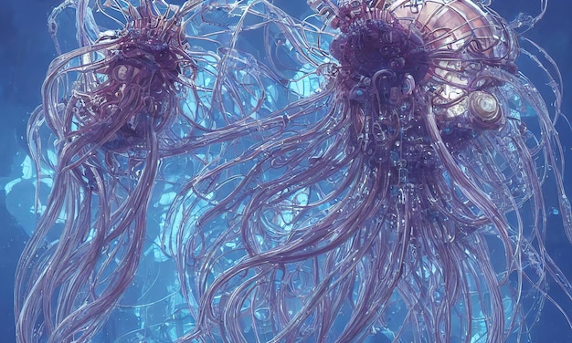 Cyberpunk jellyfish in the sea Tubes and mechanical parts of jellyfish tentacles 3d illustration