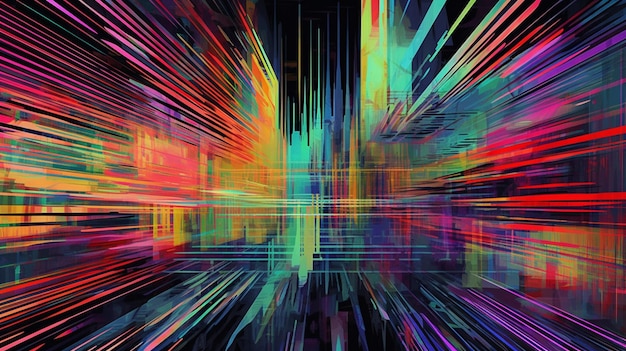 Cyberpunk kleurrijke neonregen op een zwarte achtergrond Retro illustratie van gloeiende strepen diagonale en rechte gradaties scifi art generatieve AI