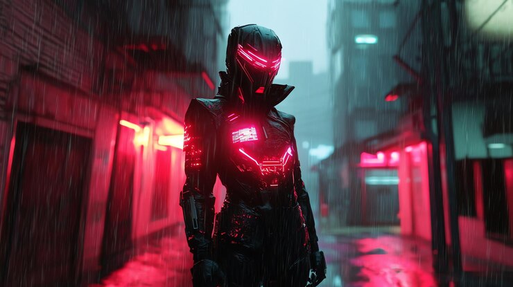 Foto cyberpunk krijger in een futuristische stad gloeiende rode lichten regenachtige nacht