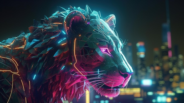 Cyberpunk lion digital art illustration Generative AI